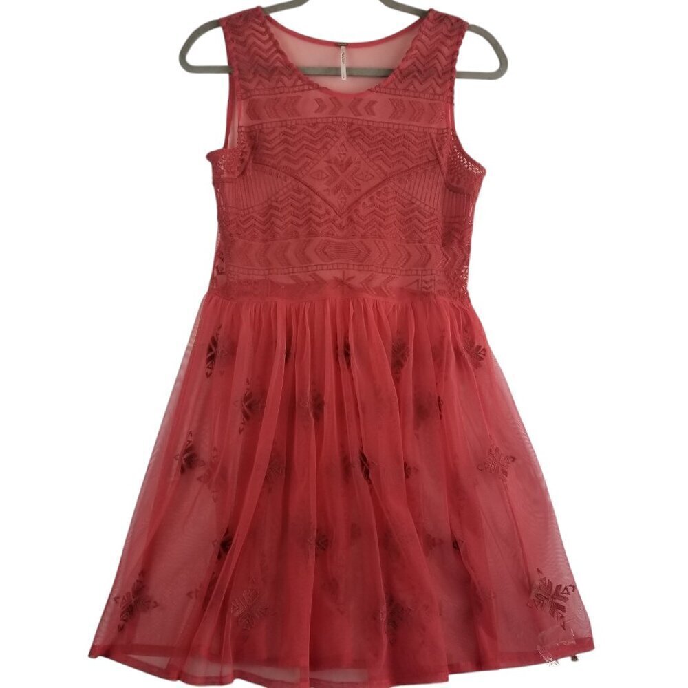 NWOT Free People Coral Tulle Sheer Sleeveless Embroidered Mesh Beachy Dress Sz S